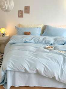 3pcs Lightweight Blue Solid Color Bedding Set, Including Duvet Cover & Pillowcase, Suitable For Boys, Girls, School Students And Dorm Room, Soft Winter