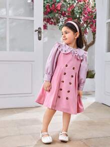 SHEIN New Arrival Girls' Sweet Pink Plaid Shirt With Peter Pan Collar, Buttoned Cuff And Solid Color Pleated Tank Dress Set, Spring & Autumn - Pink - View 5