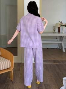DAZY Plaid Cartoon Embroidery Pattern Sleepwear Set Pajama - Purple - View 2