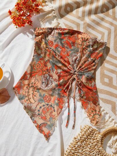 SHEIN VCAY 度假针织网眼面料印花抹胸上衣，下摆不对称，修身版型，女士