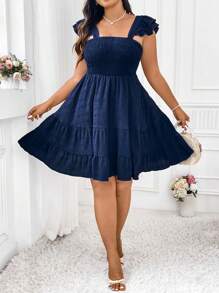 SHEIN Clasi Robe d'été décontractée, sans manches, de grande taille, à ourlet à volants unicolore - Bleu marine - Voir 6