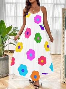 SHEIN LUNE Vestido casual y sencillo para mujer de talla grande con estampado floral colorido con tirantes de espagueti - Negro - Ver 3