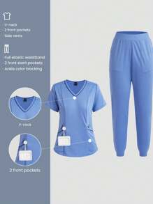 SHEIN TaskFit 女士两件套护士服套装，包括现代 V 领 2 口袋哑光上衣和 2 口袋松紧腰终极瑜伽运动裤哑光套装 - 藍色 - 查看 5