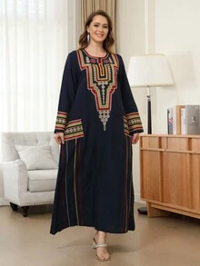 女士几何刺绣朴素长袖阿拉伯连衣裙 - 寶藍色 - 查看 6