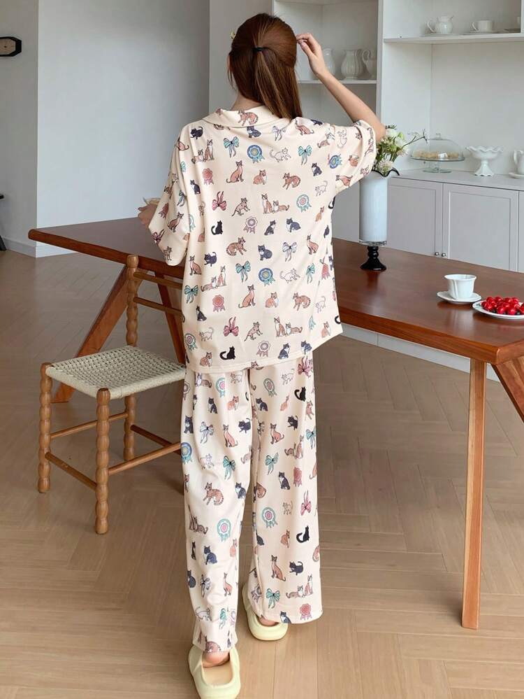 Cute Cat Allover Print Pajama Set