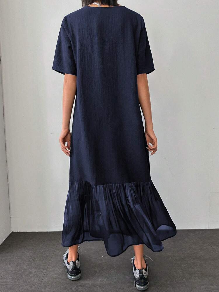 Summer Short-Sleeve Solid Color T-Shirt Dress With Fish-Tail Hem And Round Neck, Ruffle Dress