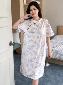 DAZY Sleepwear With Chinese Style Bamboo Print Full Circle Buckle Design - Beige - View 4