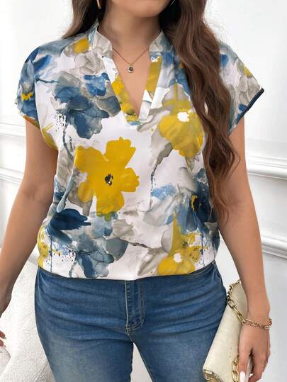 SHEIN Frenchy 大码女式宽松花卉蝙蝠袖 V 领夏季波西米亚风衬衫