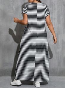 SHEIN Essnce Women's Plus Size Round Neck Black & White Striped A-Line Short Sleeve Dress With Side Pockets, For Summer