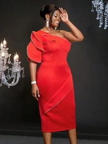 Plus Size Ruffled One Shoulder Contrast Edge Cinched Waist Party Dress - Red - View 3