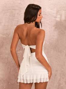 SHEIN BAE Summer White Sweetheart Neckline Back Bow Decor Strapless Bodycon Dress With Ruffle Hem For Women,Backless Dress - White - View 5