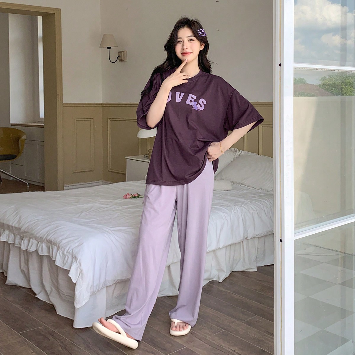Conjunto de ropa de estar en casa con top de manga corta con estampado de letras y pantalones largos de unicolor, ropa de vuelta al colegio, pijama