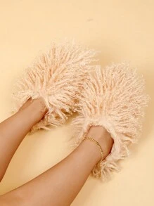 女士加大码毛绒拖鞋，春季仿毛内衬室内家居静音保暖拖鞋，时尚一脚蹬户外鞋 - 卡其色 - 查看 4