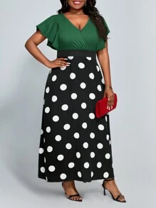 SHEIN Lady Plus Size Women's Casual Elegant Polka Dot Splice Long Flare Sleeve A-Line Dress - Green - View 3