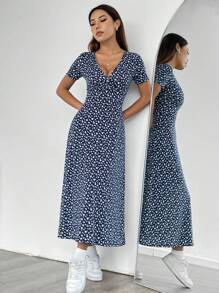 Flirla Petite Vestido de verano de manga corta con escote en V y estampado floral diminuto (corte aleatorio) para mujer, vestido largo para mujer - Multicolor - Ver 4