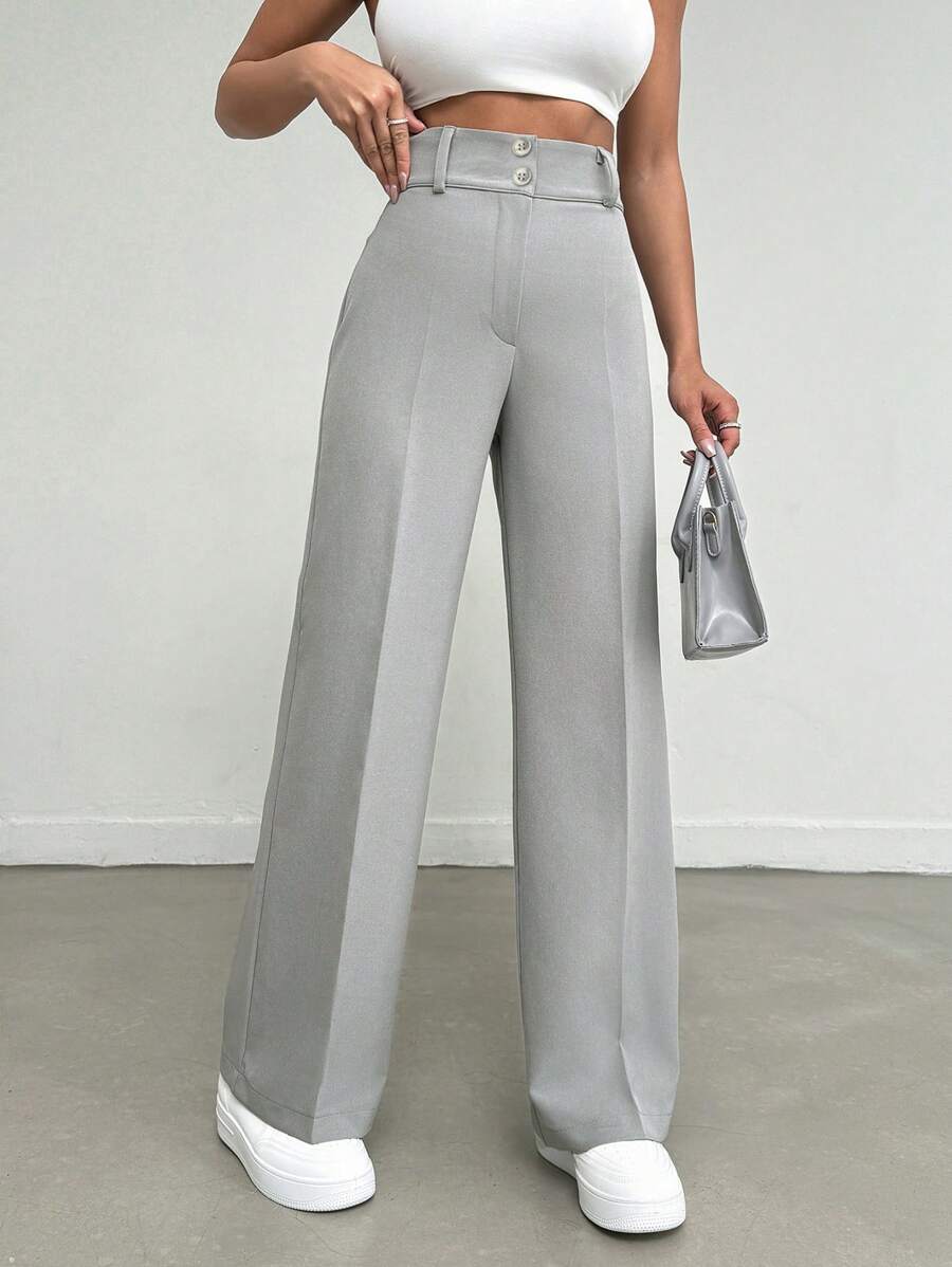 SHEIN Cottnline Plus Size Women's Solid Color Elegant High Waist Straight Leg Pants, With Pleats And Button Decoration At Waist - Grey - View 1