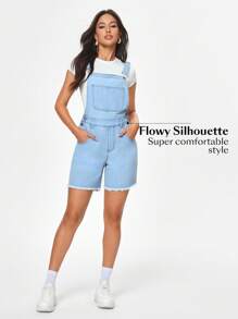 SHEIN EZwear Coolmax Women Raw Hem Short Denim Overalls - Light Wash - View 3