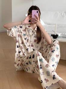 DAZY Cute Cat Allover Print Pajama Set - Yellow - View 3