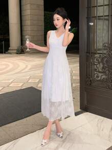 DAZY Elegantes Damen Sommer Spitzenkleid ärmellos einfarbig, Geburtstags Abendkleid Sommerkleid