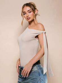 SHEIN BAE Damen Einfarbiges, süßes, asymmetrisches, ärmelloses Aprikose Bodysuit mit geknotetem Ausschnitt für den Sommerurlaub und Dates