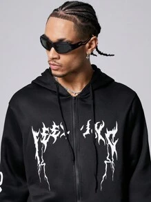 Manfinity Roughcore Áo nỉ trùm đầu có dây rút họa tiết chữ cái cho nam, áo hoodie có dây kéo thời trang dạo phố màu đen, áo hoodie dài tay màu đen, quà tặng cho bạn bè, chồng, bạn trai, cho mùa thu - màu đen - Xem 4