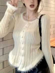 Youthful Woolen Edge Design Round Neck Cardigan - Beige - View 3