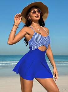 Swim Lushoire Women's Summer Beach Striped Patchwork Hollow Out Backless Halter Swimsuit Dress