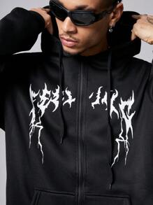 Manfinity Roughcore Áo nỉ trùm đầu có dây rút họa tiết chữ cái cho nam, áo hoodie có dây kéo thời trang dạo phố màu đen, áo hoodie dài tay màu đen, quà tặng cho bạn bè, chồng, bạn trai, cho mùa thu - màu đen - Xem 3