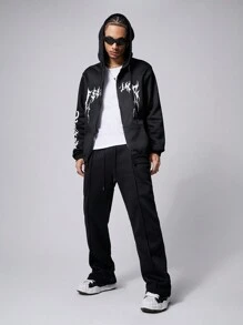 Manfinity Roughcore Áo nỉ trùm đầu có dây rút họa tiết chữ cái cho nam, áo hoodie có dây kéo thời trang dạo phố màu đen, áo hoodie dài tay màu đen, quà tặng cho bạn bè, chồng, bạn trai, cho mùa thu - màu đen - Xem 8