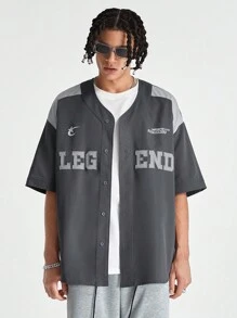 Manfinity VCAY 男士寬鬆短袖襯衫，搭配英文字母刺繡，美式街頭風格 - 灰色 - 查看 4