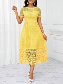 SHEIN Lady Váy giáo viên chữ A thắt eo màu vàng, quần áo nữ mùa hè - Đen và trắng - Xem 1