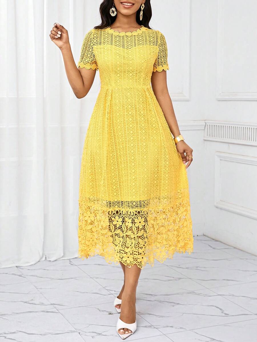 SHEIN Lady Váy giáo viên chữ A thắt eo màu vàng, quần áo nữ mùa hè - Đen và trắng - Xem 1