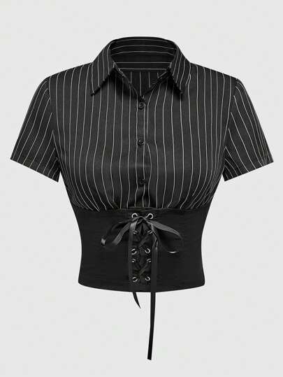 Fairycore Women's Stripe Print Turn-Down Collar Lace-Up Short Sleeve Shirt With Front Button Closure, Business Style, Summer, School