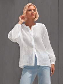 SHEIN Essnce 女士休闲纹理半透明透气轻质飘逸大码圆领长袖衬衫 - 白色 - 查看 4