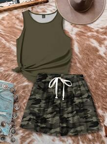 SHEIN LUNE Women's Sleeveless Round Neck Vest & Short Sleeve T-Shirt Set, Suitable For Summer - Multicolor - View 7