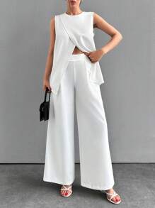RueChic Two Piece Woven Blouse And Pant Set - White - View 1