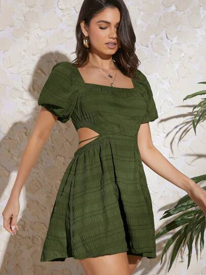 SHEIN VCAY Women's Vacation Casual Solid Color Puff Sleeve Off-Shoulder Waist-Showing Dress