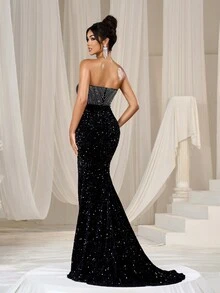 Faeriesty Tube Rhinestone Split Thigh Mermaid Hem Sequin Long Evening Gown Formal Party - Black - View 2