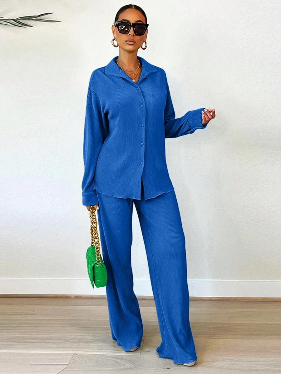 2pcs Fashionable Pleated Shirt And Comfortable Wide Leg Pants Set For Women, Casual Spring - Royal Blue - View 1