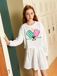 SHEIN Explorewe Tween Girls' Casual Tennis Racket & Letter Printed Long Sleeve Top And Skirt Set, Spring/Summer - White - View 4