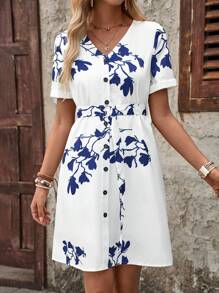 EMERY ROSE Printed Bust Tie Short Sleeve Dress - Multicolor - View 5