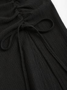 Sweetra Asymmetrical Neck Ribbon Tie Pleated Summer Top And Skirt Set - Black - View 4