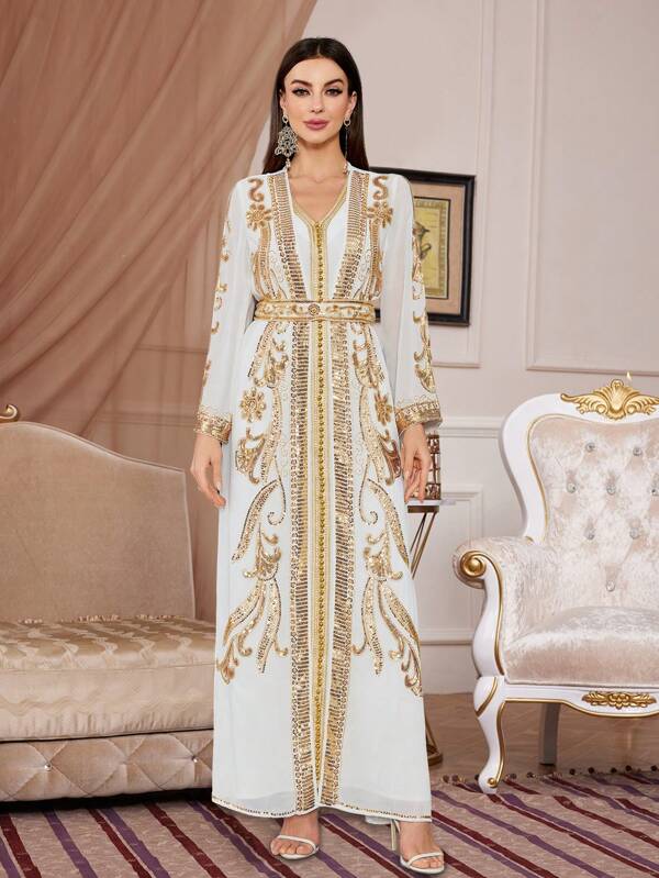 Set da 2 pezzi, Jalabiya elegante con maniche lunghe, decorata con paillettes e perline, Kaftan modesto