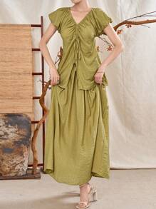 Mulvari Ensemble 2 pièces top et jupe d''été de couleur unie avec encolure en V, cordons de serrage et froncée pour femme