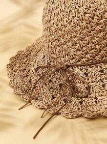SHEIN VCAY 1pc Ladies' Cute, Basics Woven Texture, Handmade Crochet, Ruffled/Floral Edge Woven Hat, Suitable For Vacation, Picnic, Beach, Casual - Khaki - View 6