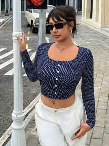 SHEIN EZwear Jersey de punto acanalado con aire acondicionado de talla grande de estilo vintage casual en azul oscuro con lunares polka