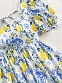 Soleia Women's Shirred Puff Sleeve Lemon Printed Tie Waist Mini A-Line Dress, Vacation Afternoon Tea Party Summer Dress - Multicolor - View 6