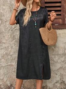 EMERY ROSE Váy midi tay ngắn Jacquard màu trơn - màu đen - Xem 1