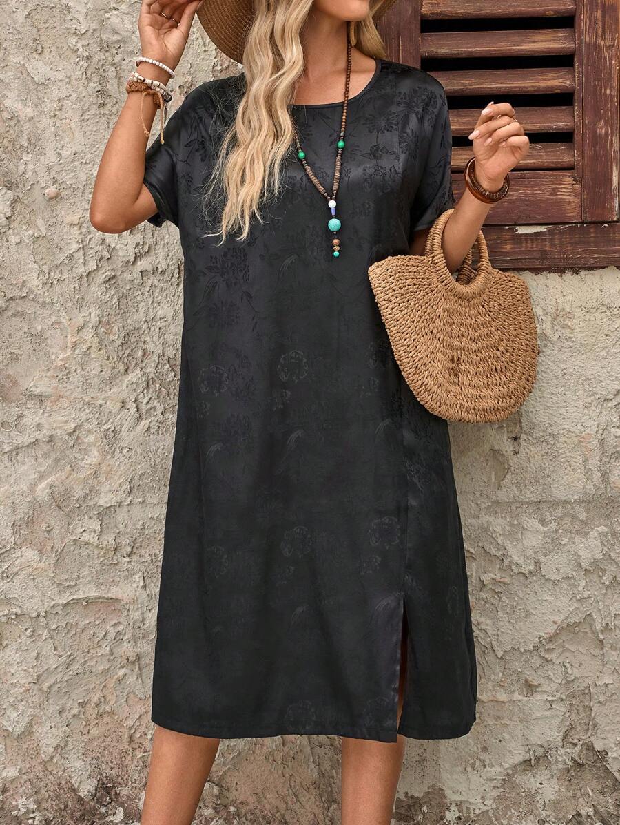 EMERY ROSE Váy midi tay ngắn Jacquard màu trơn - màu đen - Xem 1