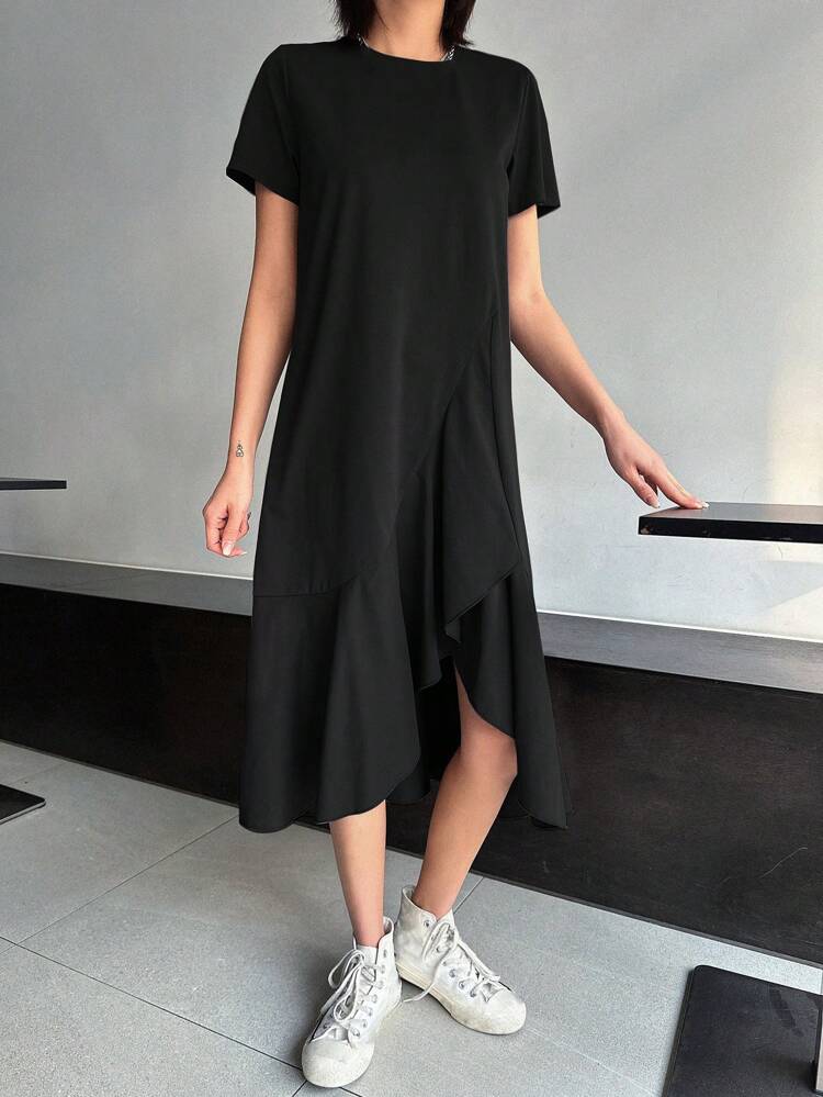Loose Asymmetrical Hem Over The Knee T-Shirt Dress,Ruffle